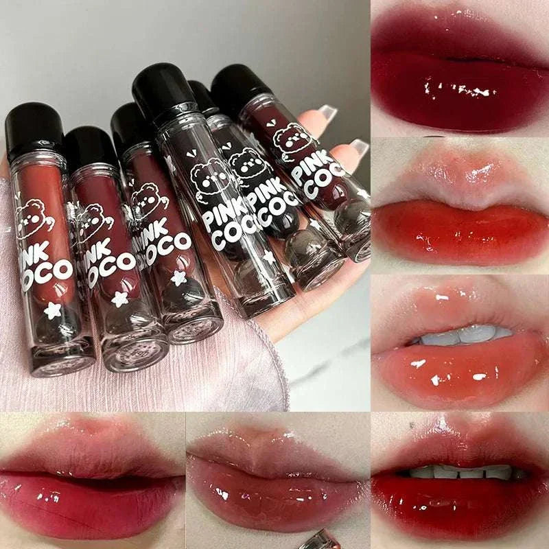 PINKCOCO Bear Doodle Mirror Lip Glaze collection with glossy, vibrant lip swatches and cute bear doodle packaging