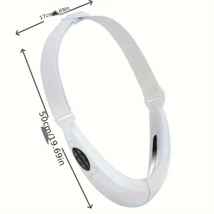 White V Line Face Lift Massager with LED display, adjustable strap, and ergonomic design for jawline and cheek contouring.
