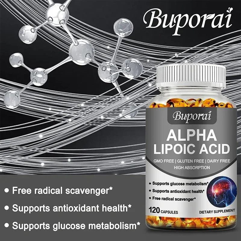 Bottle of Buporai Alpha Lipoic Acid 600mg capsules with antioxidant and glucose metabolism support benefits