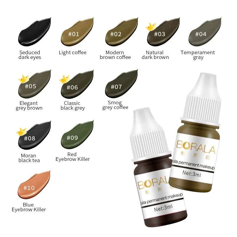 Borala 26 Colors permanent makeup tattoo pigments in 3ML bottles with diverse shades for lips, eyebrows, and eyeliner.