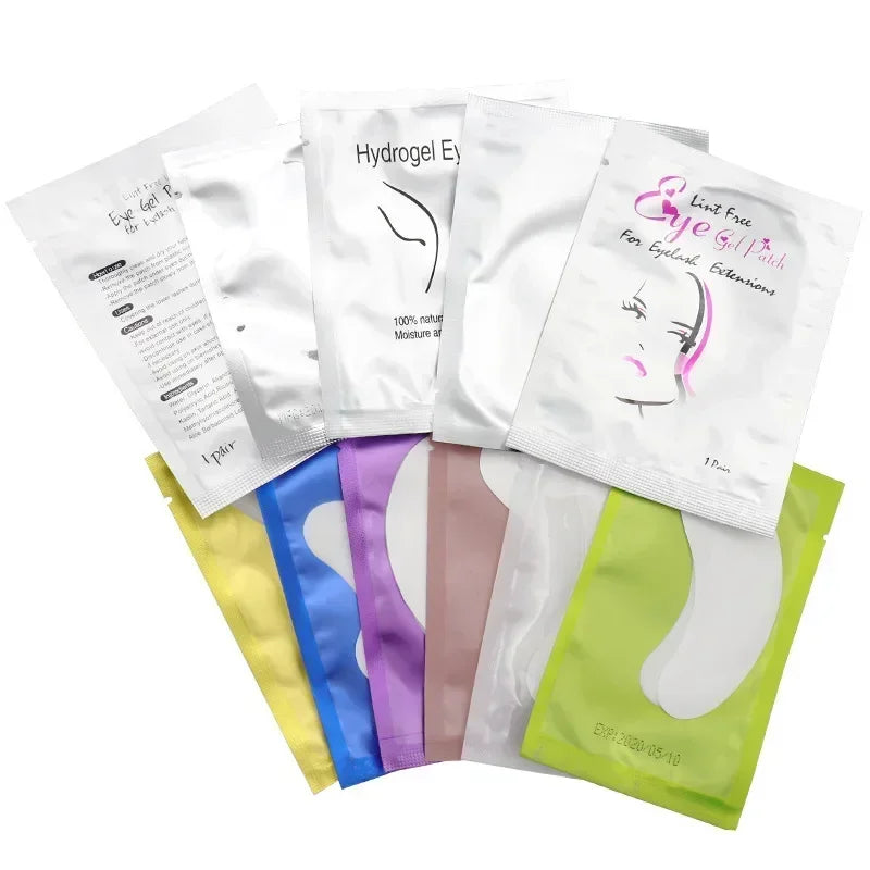 50 Pairs Eyelash Gel Patches in assorted colorful individual packets for lash extension and under-eye care