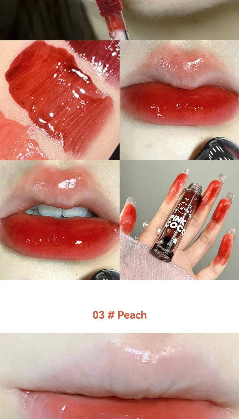 PINKCOCO Bear Doodle Mirror Lip Glaze in shade 03 Peach showing glossy peach lip color and packaging with bear doodle design