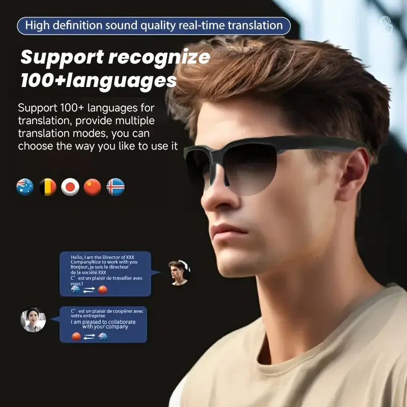 AI Translation Smart Glasses with real-time language translation, Bluetooth audio, UV protection, and noise-reducing mic