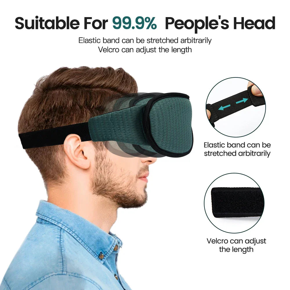 Man wearing adjustable 3D sleeping mask with elastic and velcro strap for total light blockout and comfort