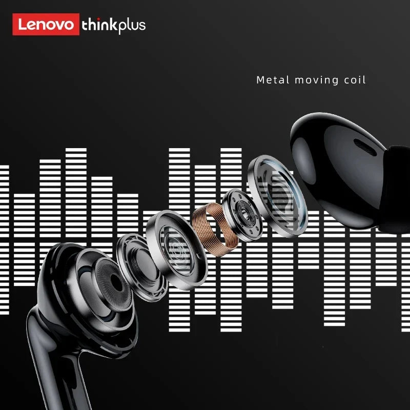 Lenovo Thinkplus XT88 black in-ear Bluetooth earphones with metal moving coil and hi-fi stereo sound components isolated on black background with sound wave graphic