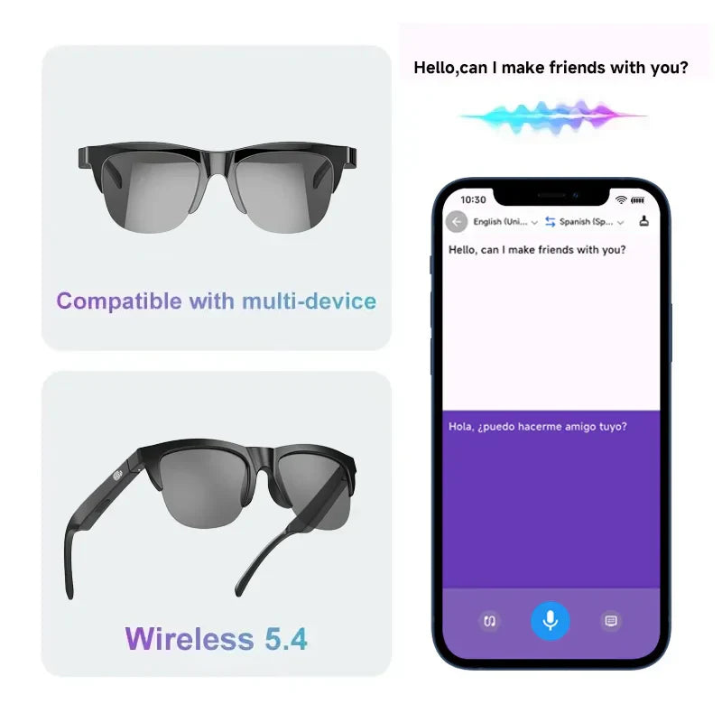 AI Translation Smart Glasses with Bluetooth, UV protection, real-time language translation, noise-reducing mic, and multi-device compatibility
