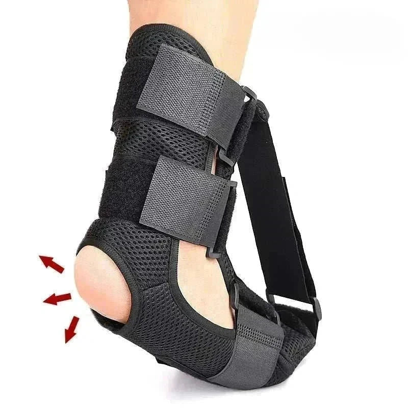 Black night splint for plantar fasciitis with adjustable straps and breathable material for heel and arch support.