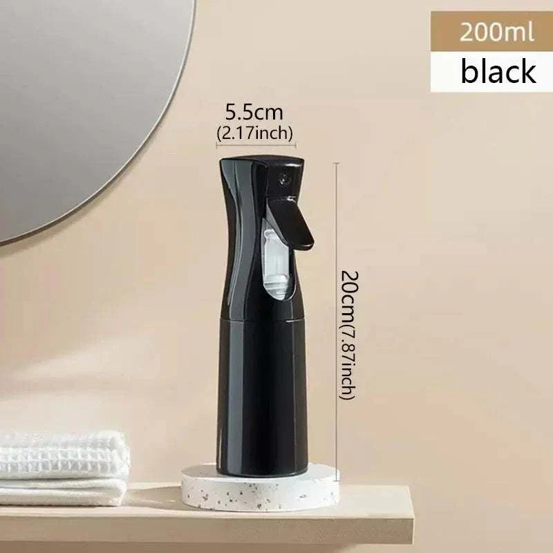 Black 200ml high pressure mist spray bottle with ergonomic trigger, measuring 20cm height and 5.5cm width, ideal for continuous fine mist spraying.