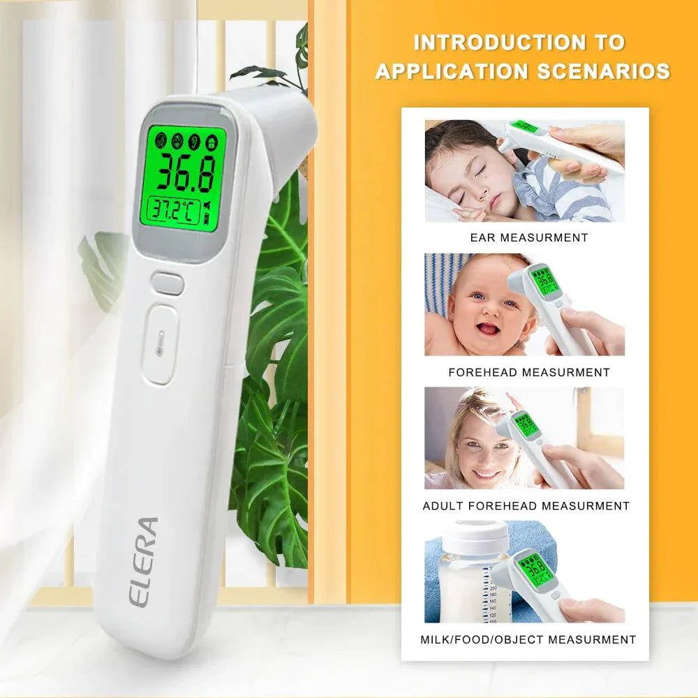 ELERA Infrared Digital Thermometer with backlit LCD, touch-free design, and versatile measurement modes for ear, forehead, adult, and object temperatures