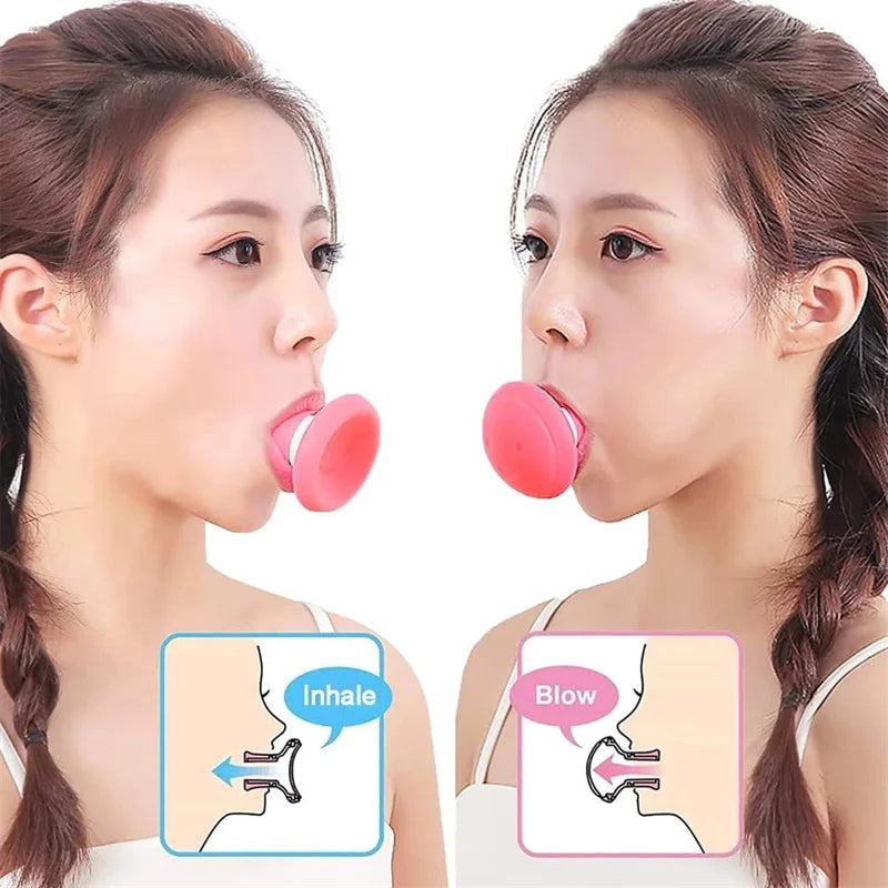 Woman using pink Fast Thin Face silica gel mouth jaw exerciser for facial muscle toning and slimming