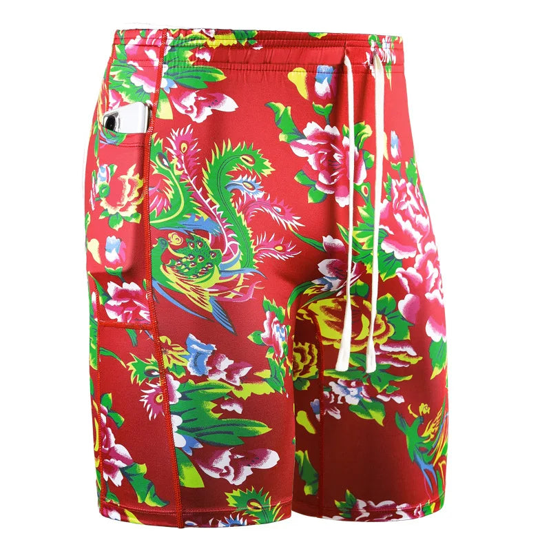 Men's outdoor running shorts with vibrant floral and dragon print, breathable fabric, adjustable drawstring, and side pockets for sports and outdoor activities