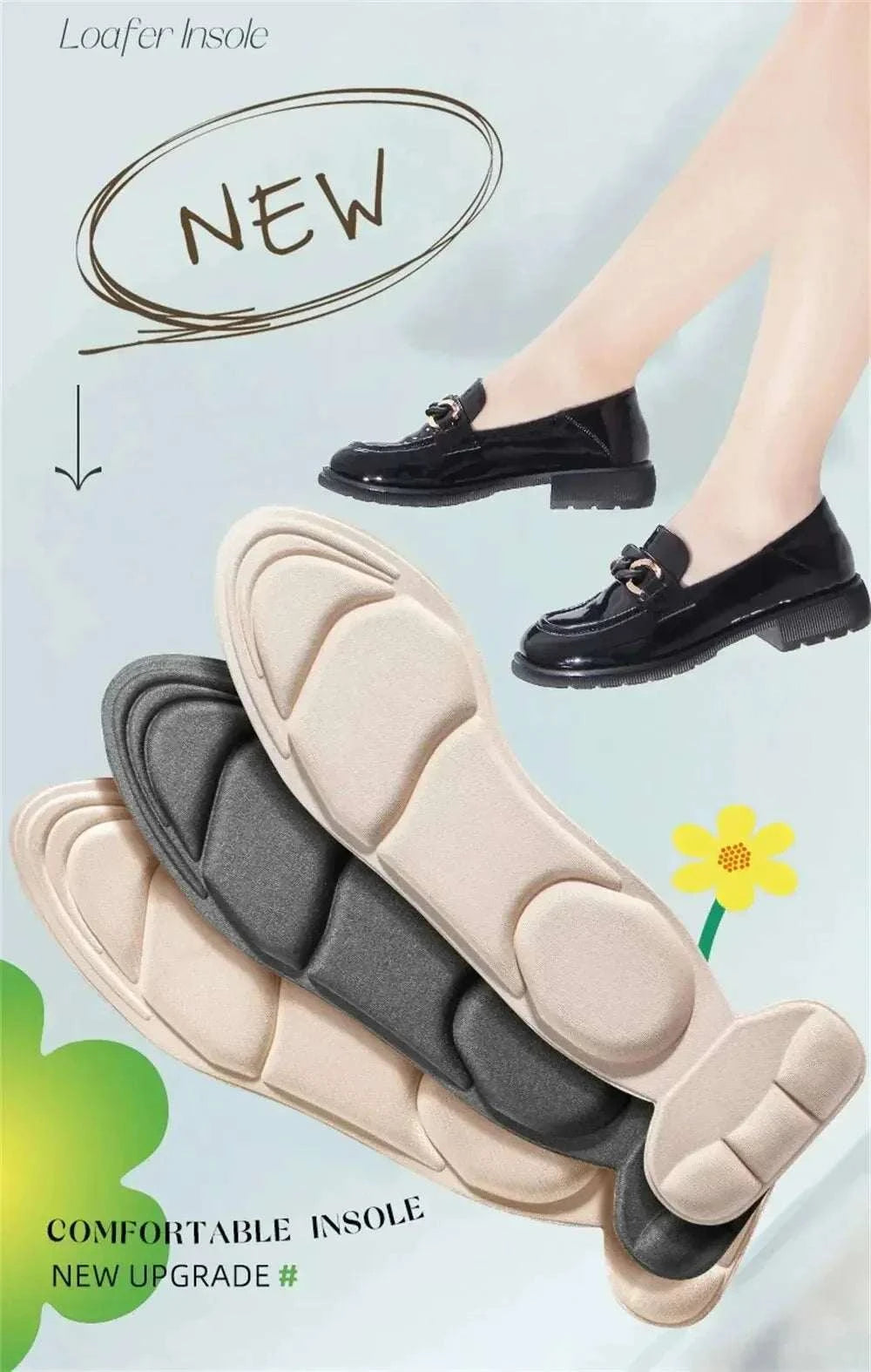 Memory foam high-heel insoles in beige and black for women, offering comfort, heel support, and anti-slip grip