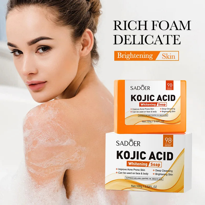 SADOER Kojic Acid Facial Soap bar with brightening, deep cleansing, rich foam, and oil control for face and body care.