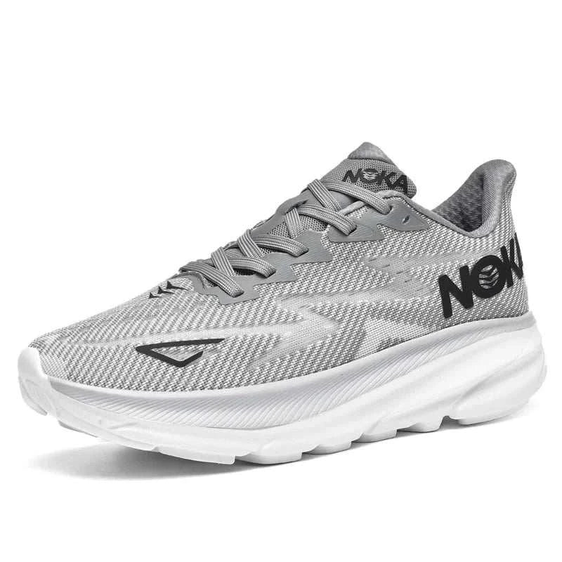 Lightweight gray unisex Carbon Plate Air Cushion running shoe with breathable mesh upper and durable rubber outsole.