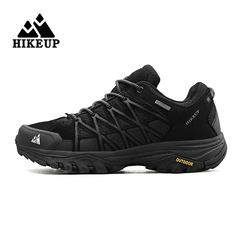 Black HIKEUP men's hiking shoe with durable construction, superior grip sole, breathable design, and cushioned midsole for all-terrain outdoor use
