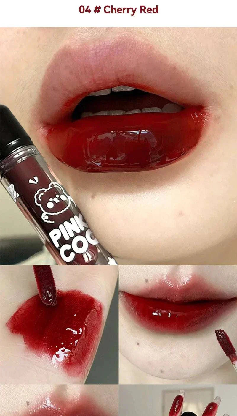 PINKCOCO Bear Doodle Mirror Lip Glaze in cherry red with glossy, hydrating finish and cute bear doodle packaging