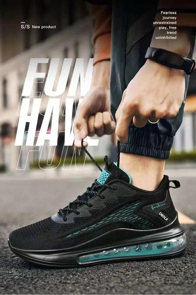 Men's casual air cushion running shoes with breathable mesh upper, lightweight air cushion sole, and durable outsole grip in black and teal colors
