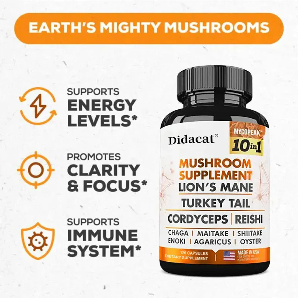 Mushroom Supplement 10x Complex bottle featuring Lion’s Mane, Turkey Tail, Cordyceps, and Reishi for energy, focus, and immune support.