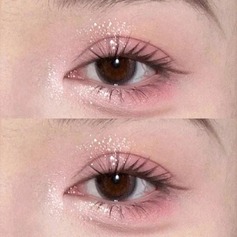 Close-up of brown eyes with soft pink and orange eyeshadow and glitter, showcasing the 8-Color Pink Orange Eyeshadow Palette look