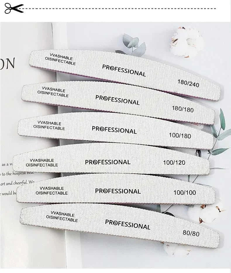 Professional Emery Nail File Set with multiple grit options and washable, disinfectable surface for salon-quality nail shaping and polishing.
