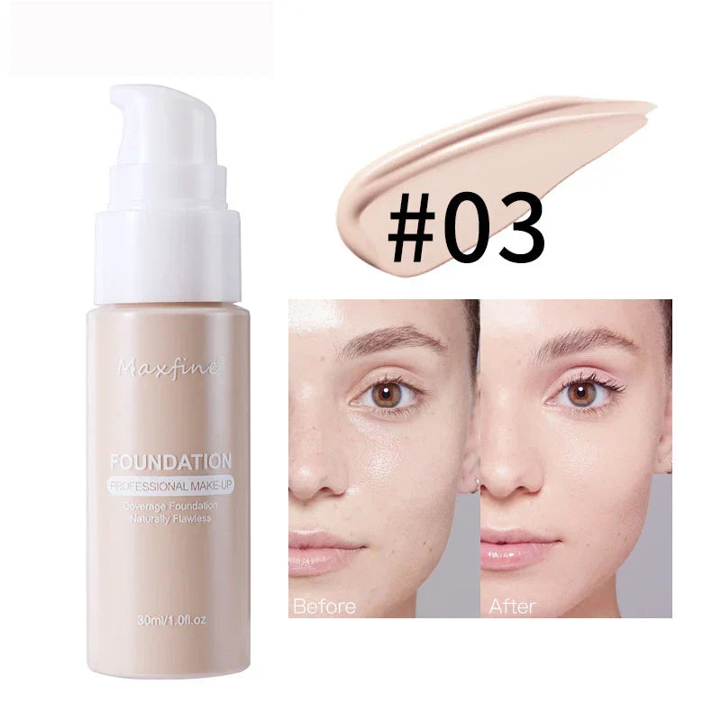Waterproof long-lasting liquid foundation and concealer for natural full coverage and smooth even skin tone, shade #03.