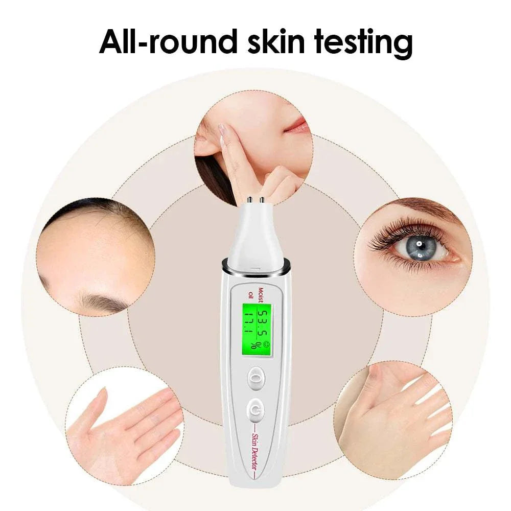 Digital skin analyzer with LCD display measuring moisture and oil levels for all-round facial and hand skin testing.