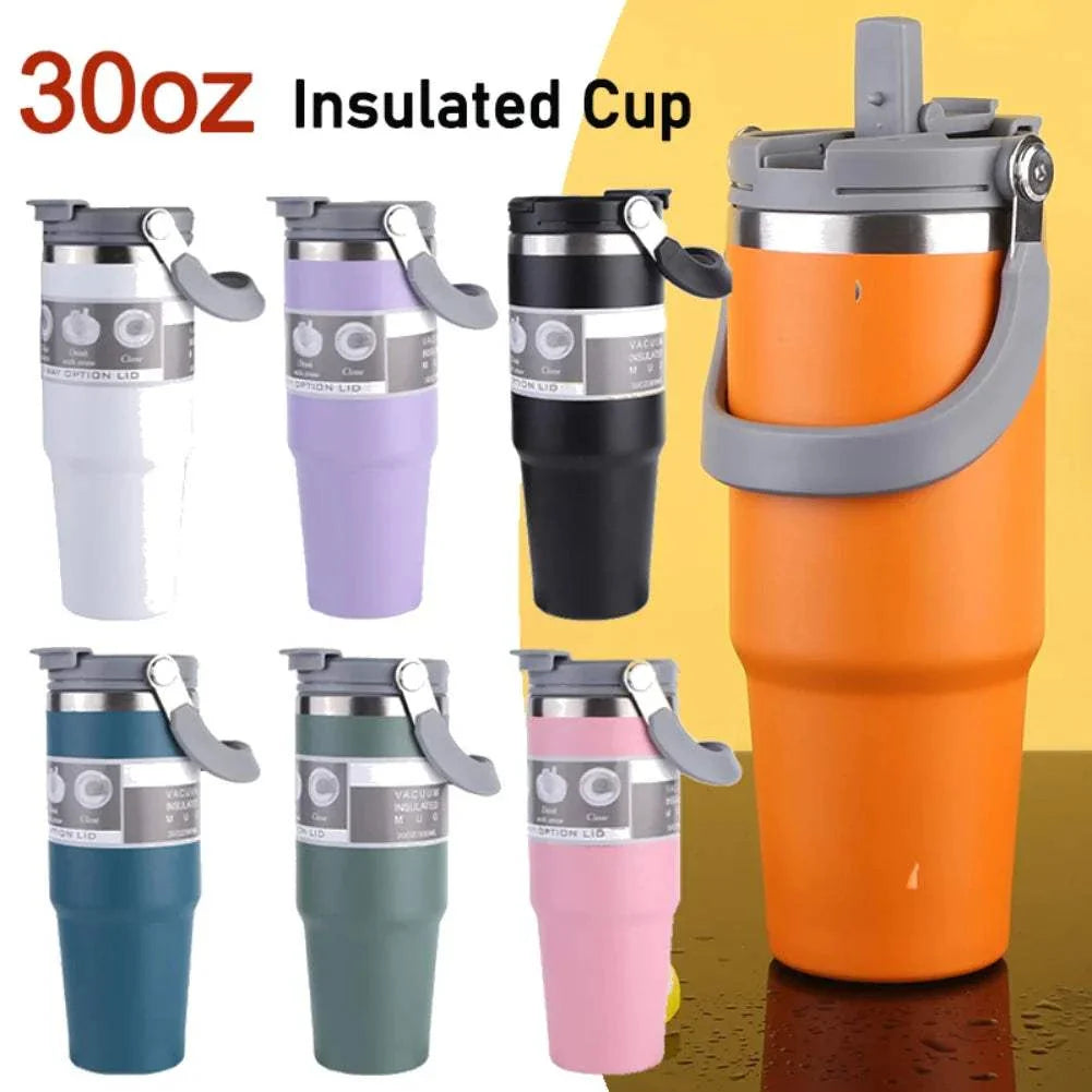30oz vacuum insulated cup with handle, stainless steel, multiple color options, durable and leak-resistant sports water bottle.