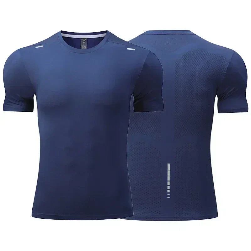 Men's summer loose breathable quick-dry fitness t-shirt in navy blue with moisture-wicking fabric and muscle fit design