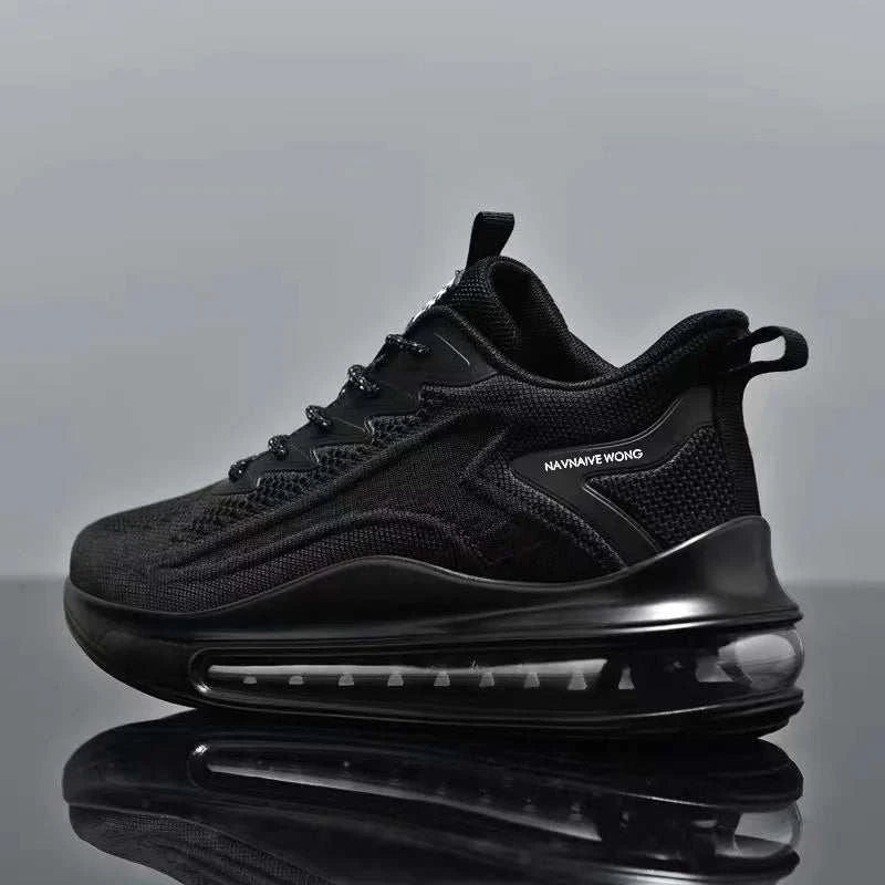 Black men's casual air cushion running shoe with breathable mesh upper and cushioned sole for comfort and support.