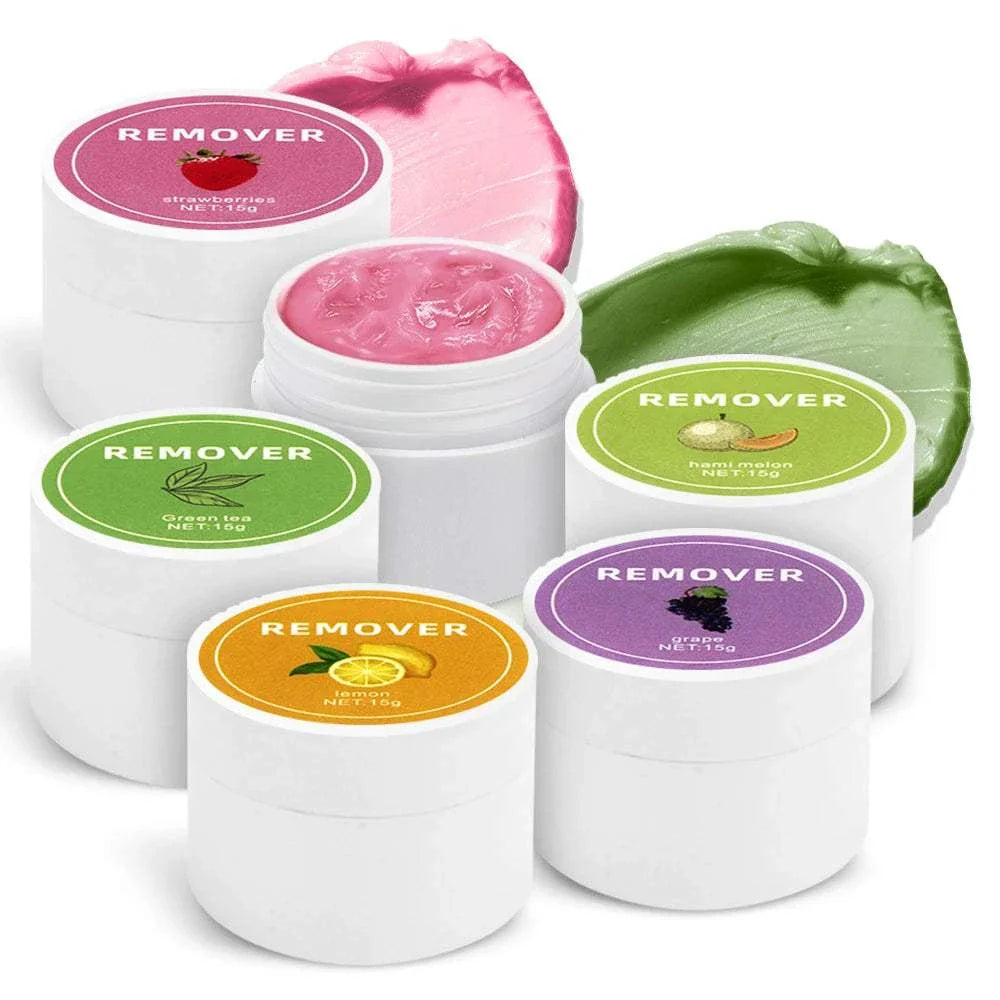 Set of professional eyelash glue remover creams in various scents for safe and gentle lash extension removal.