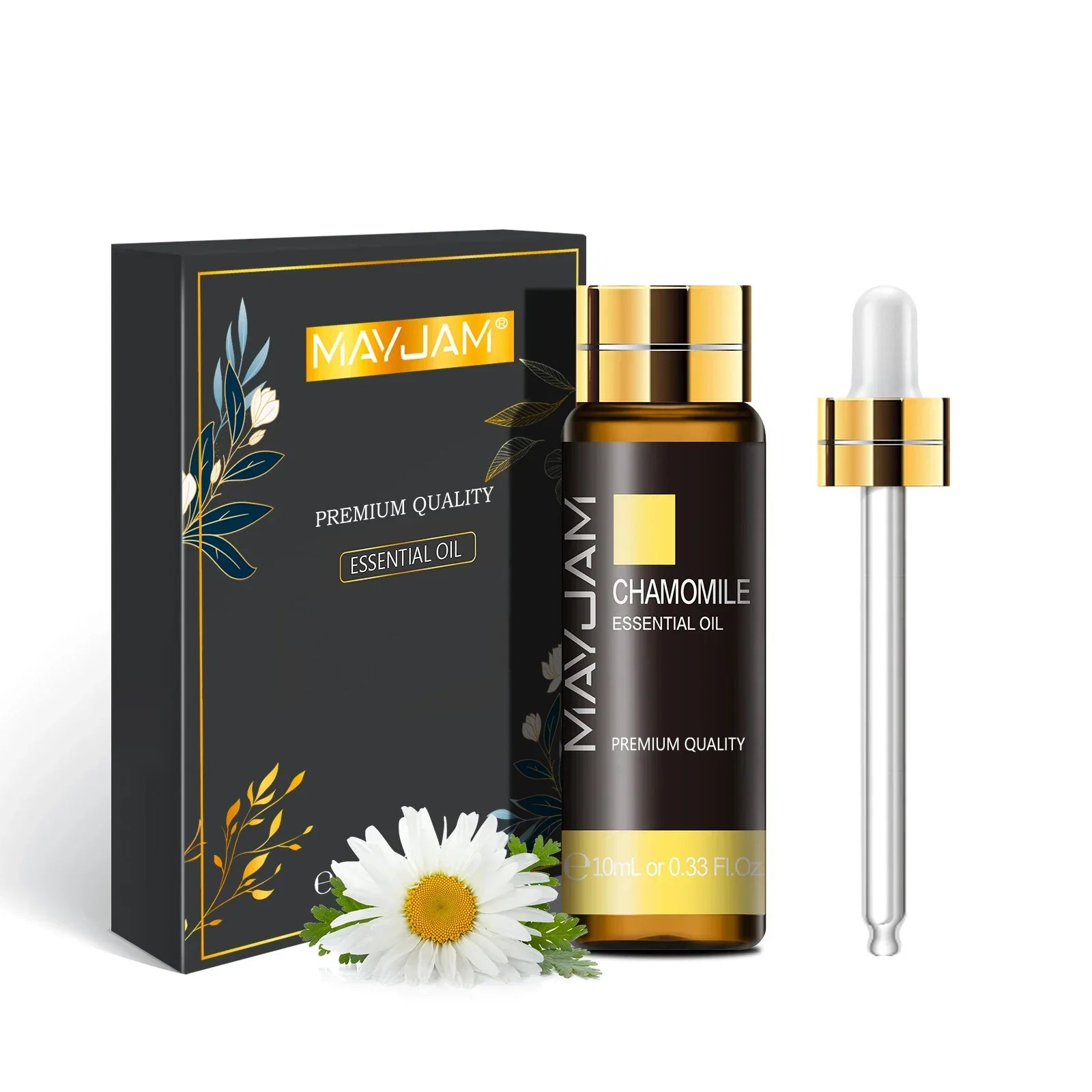 MAYJAM Chamomile Essential Oil 10ml bottle with dropper and elegant black gift box featuring floral design
