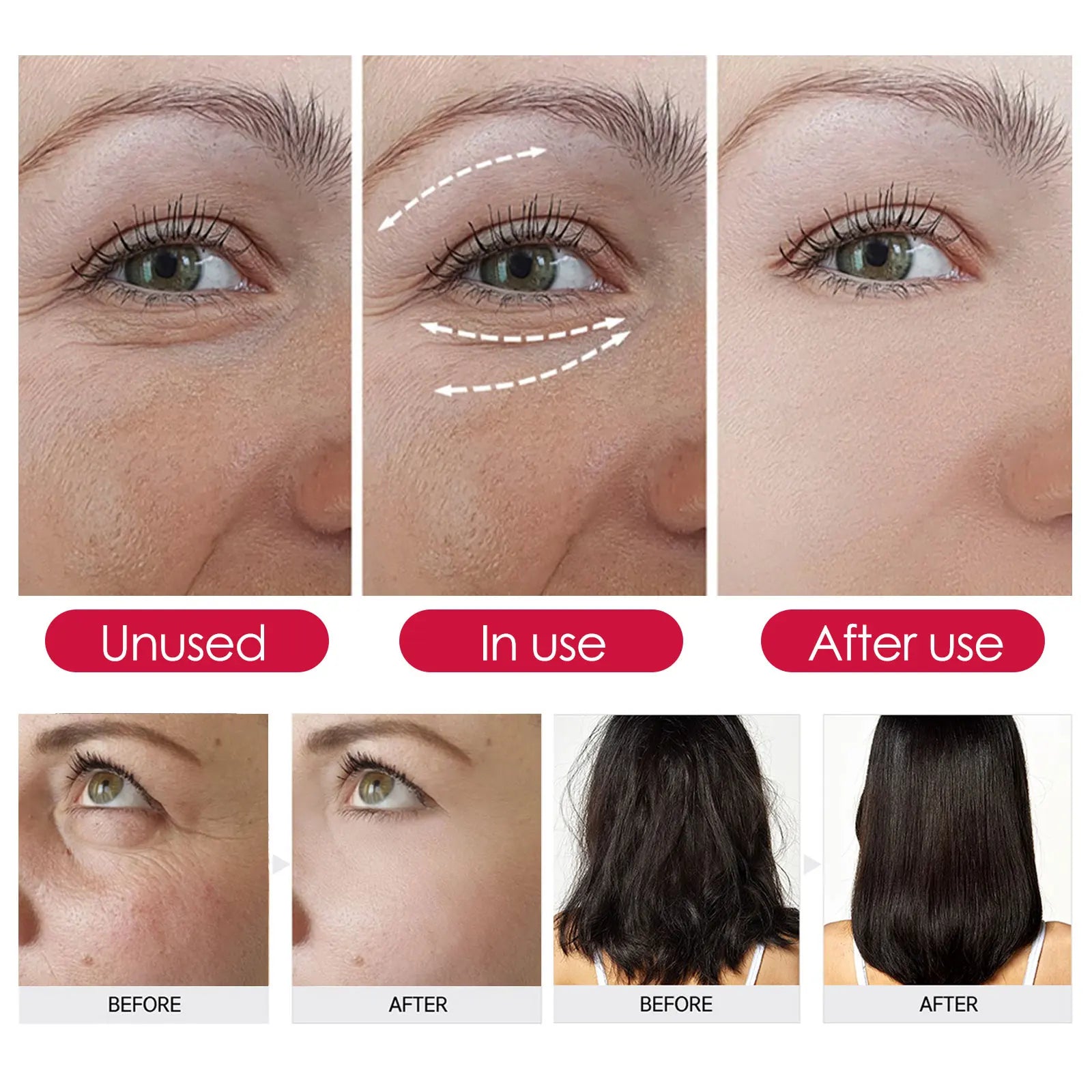 Before and after results of using Rosehip Facial Essential Oil showing reduced fine lines and improved skin smoothness and hair shine