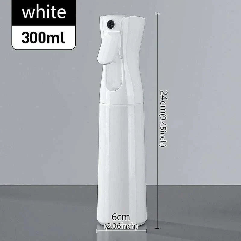 White 300ml high pressure mist spray bottle with ergonomic trigger and slim design, 24cm tall and 6cm wide, refillable for multi-purpose use