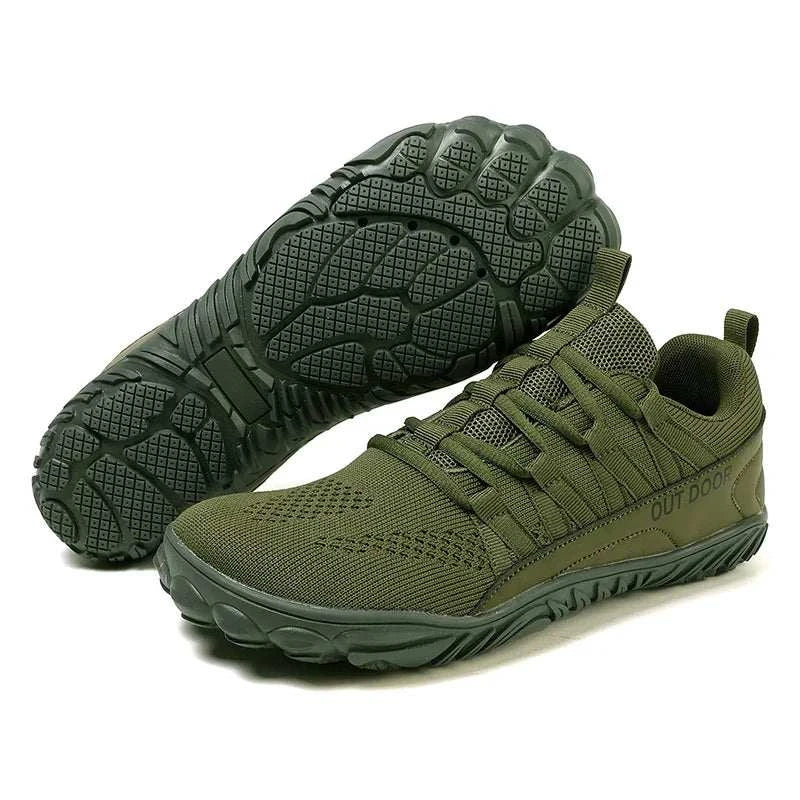 Olive green barefoot design new hiking shoes with breathable mesh upper and durable traction sole for outdoor and indoor use