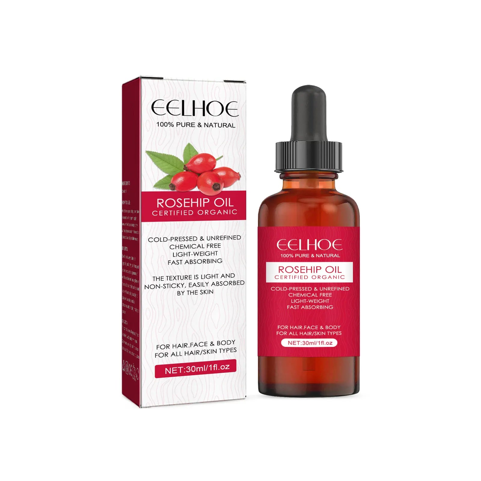 EELHOE certified organic Rosehip Facial Essential Oil bottle and box for skin hydration, firming, and anti-aging benefits
