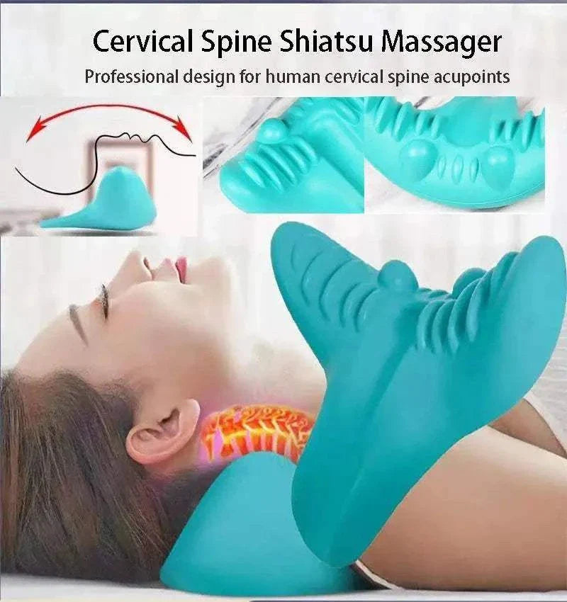 Blue cervical chiropractic traction device supporting neck for pain relief and posture correction
