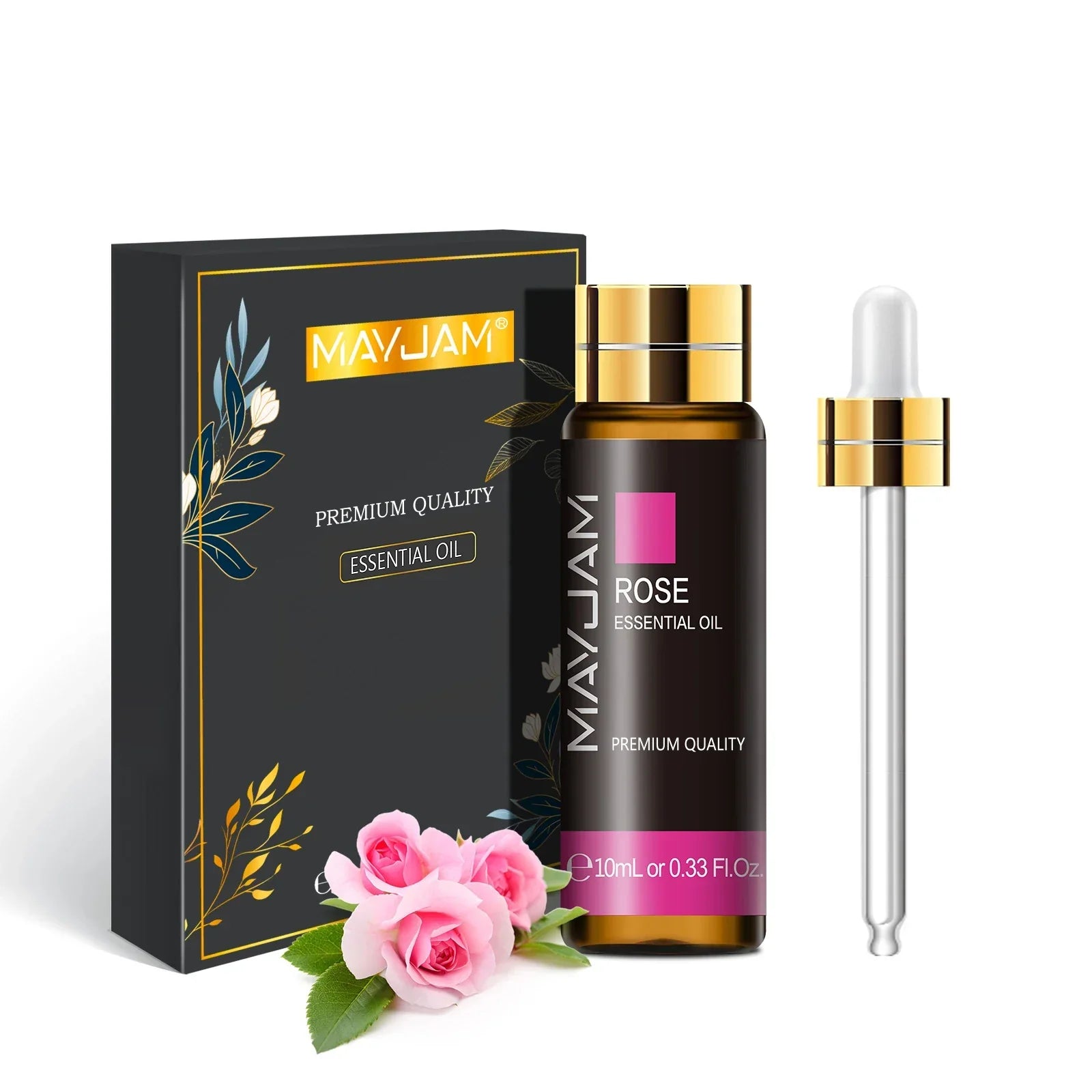 MAYJAM Rose Essential Oil 10ml with dropper and elegant black-gold packaging featuring pink rose flowers