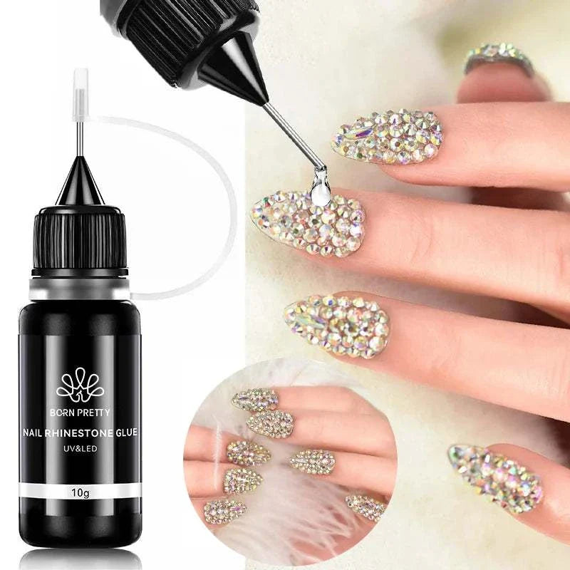 BORN PRETTY 10g gel nail glue for rhinestones with precision applicator, showing rhinestone nail art on fingers