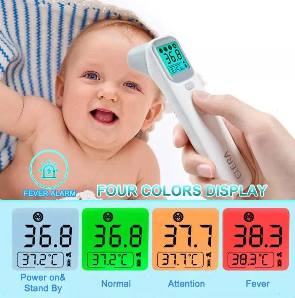 ELERA Infrared Digital Thermometer with four-color fever alert display, touch-free for infants and adults, showing fast and accurate temperature reading.
