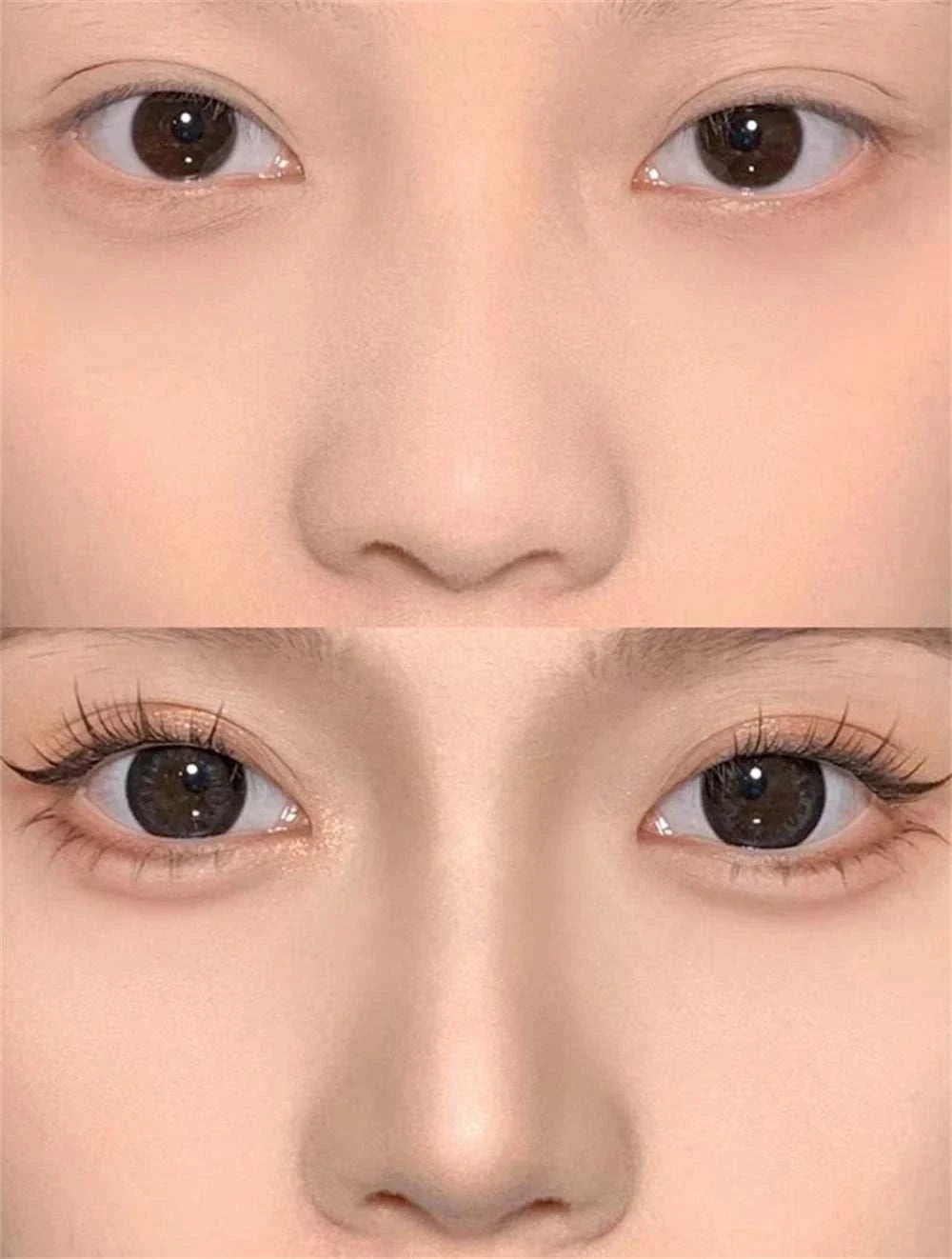 Before and after close-up of eyes and nose showing effects of moisturizing matte concealer for brightening and contouring.