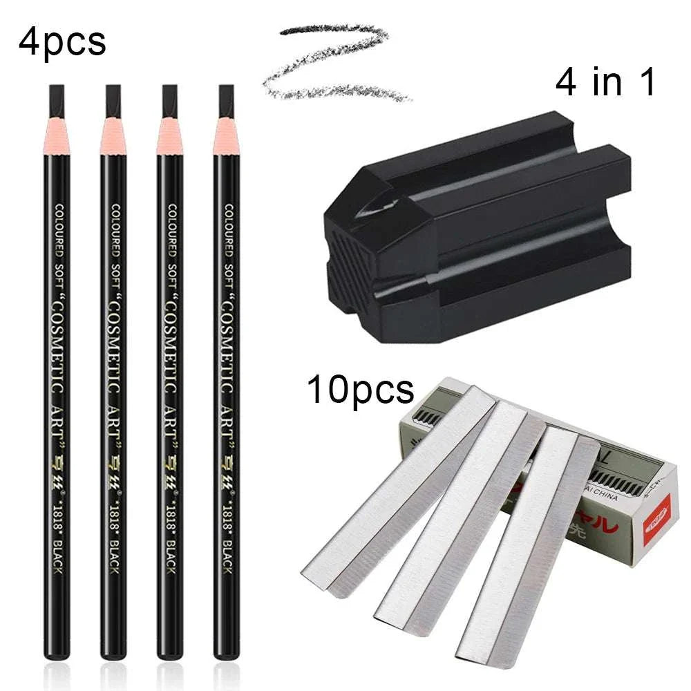 4-piece eyebrow pencils, black eyebrow sharpener, and 10 precision trimmer blades makeup grooming kit