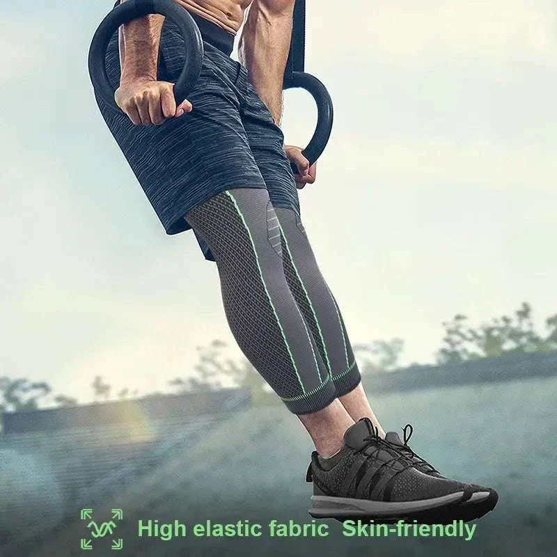 Athlete wearing compression knee pads with high elastic fabric for joint support during exercise