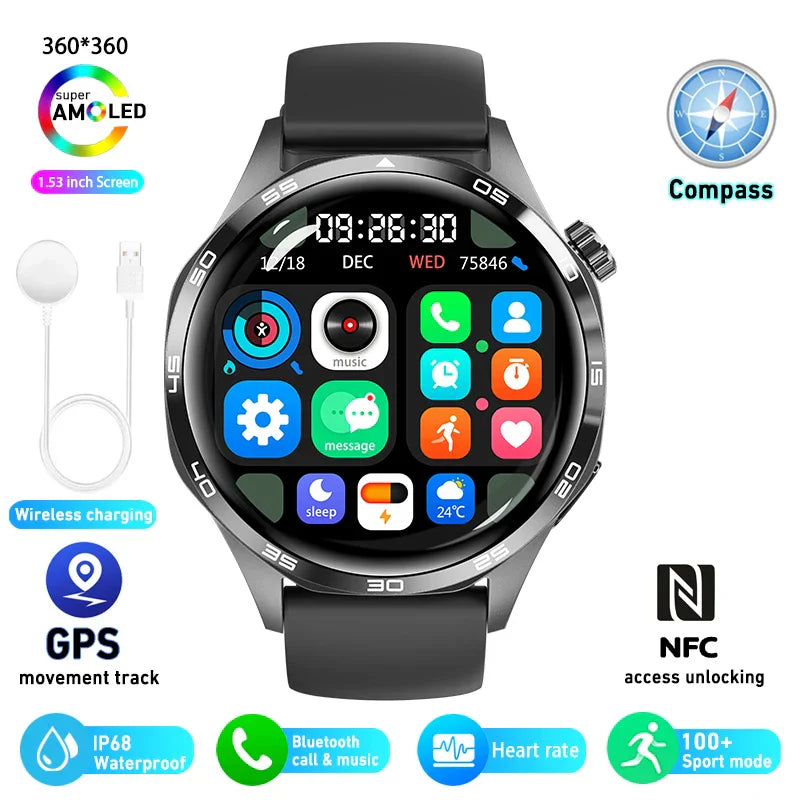 HUAWEI GT5 Pro Smartwatch with 360x360 AMOLED display, GPS, NFC, Bluetooth calling, heart rate monitor, IP68 waterproof, fitness tracking, and wireless charging