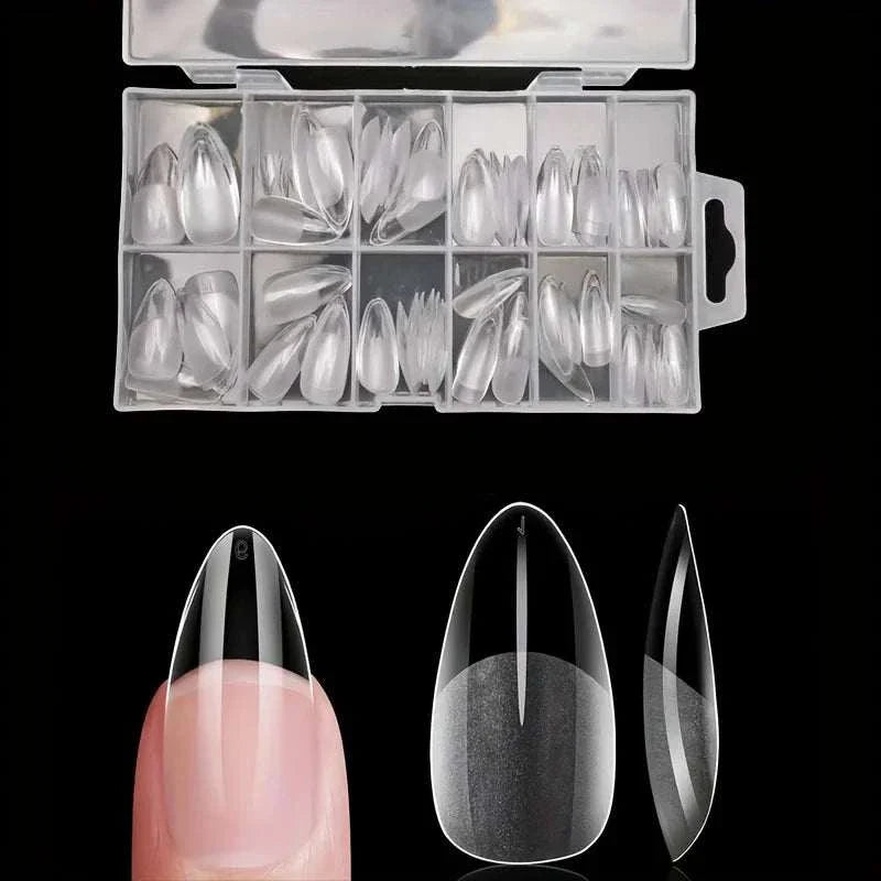 Clear full cover press-on nail tips in assorted stiletto, almond, square, and coffin shapes with organizer box
