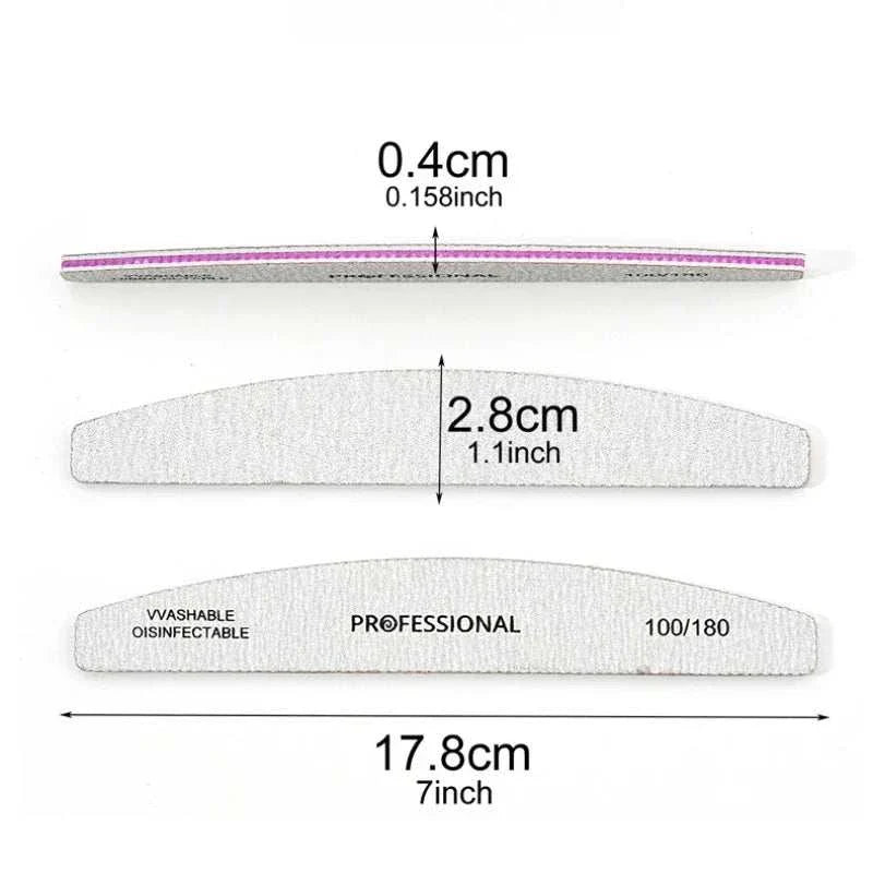 Professional Emery Nail File Set with dual grit 100/180, washable and disinfectable nail buffers measuring 17.8cm length for shaping and smoothing nails.