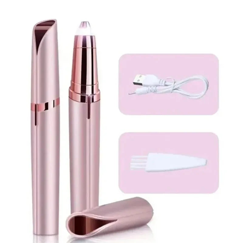 Electric eyebrow and facial hair trimmer kit with USB charger and cleaning brush in sleek rose gold design
