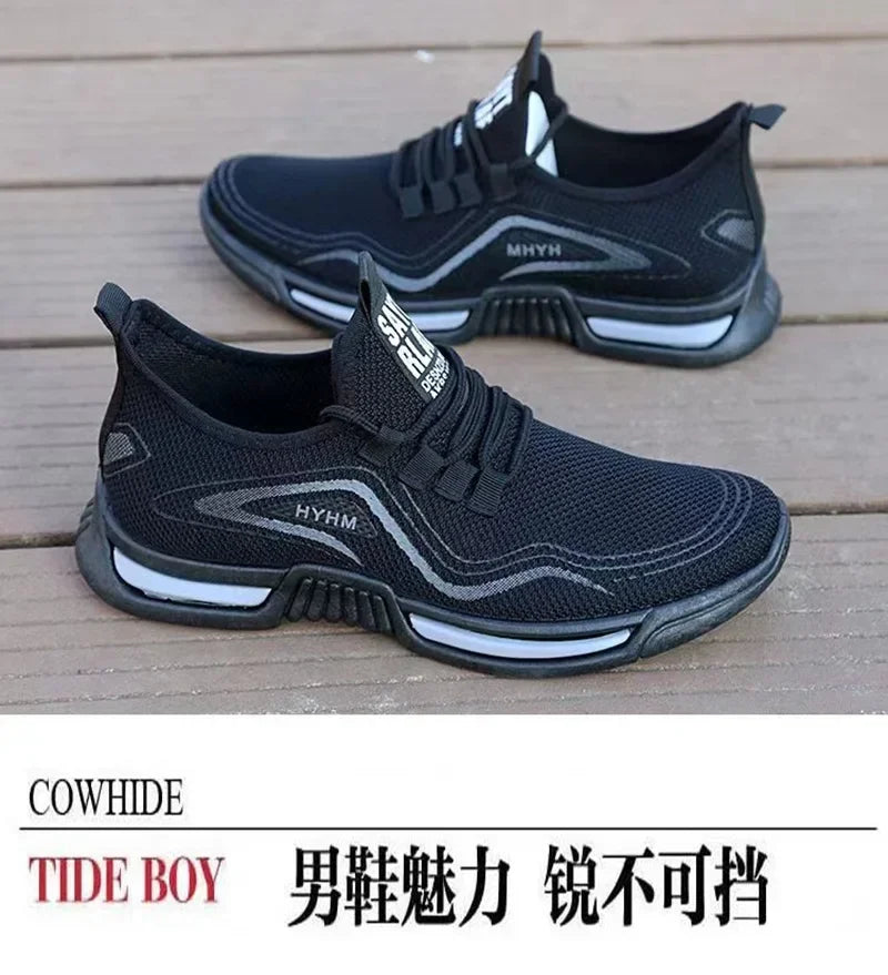 Black men's slip-on fashion sneakers with breathable mesh upper and lightweight sole
