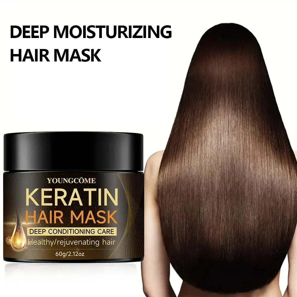 Jar of Youngcome Keratin Hair Mask for deep moisturizing and conditioning care with smooth, shiny long brown hair shown.