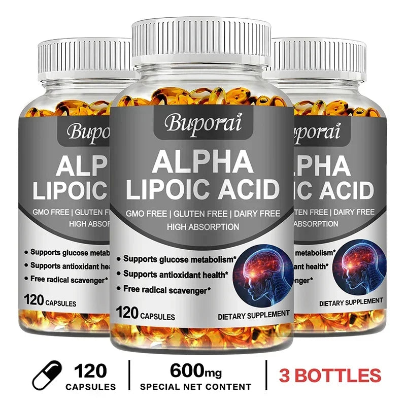 Three bottles of Buporai Alpha Lipoic Acid 600mg dietary supplement capsules for antioxidant and metabolic support