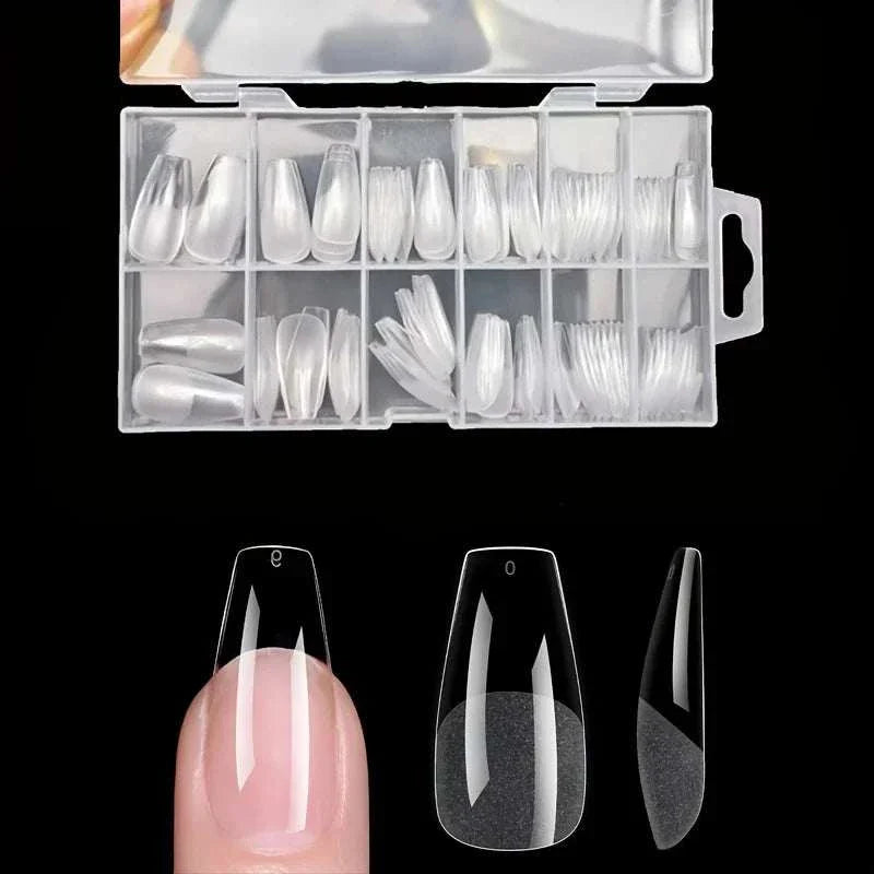 120-piece set of full cover press-on nail tips in assorted stiletto, almond, square, and coffin shapes with clear finish in a storage box